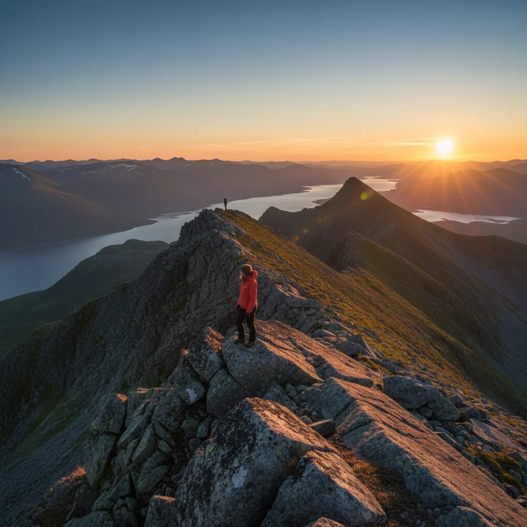 Wanderer auf einem Berggipfel in Nordnorwegen bei Mitternachtssonne mit goldenem Licht