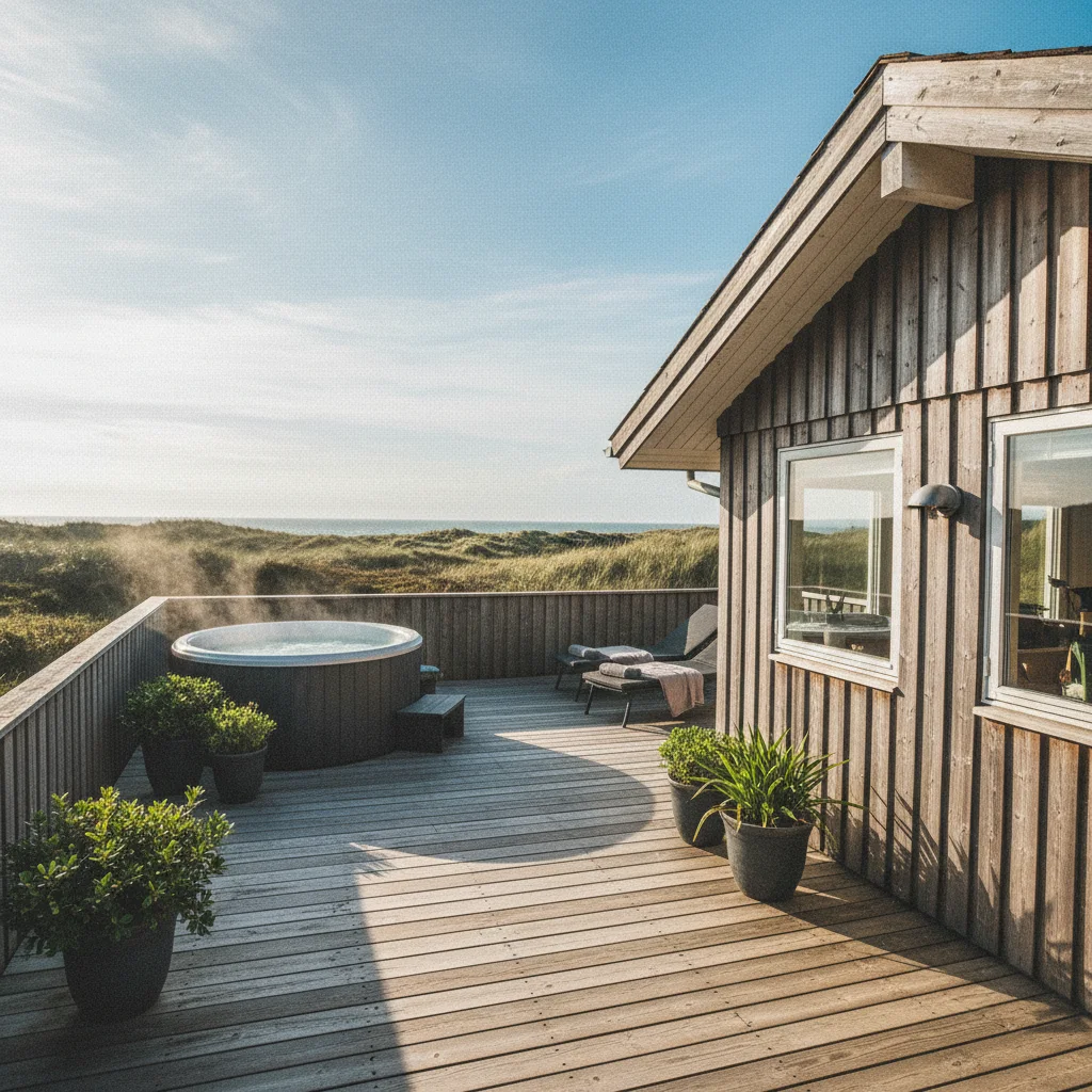 Ferienhaus in Dänemark mit privatem Whirlpool auf der Holzterrasse