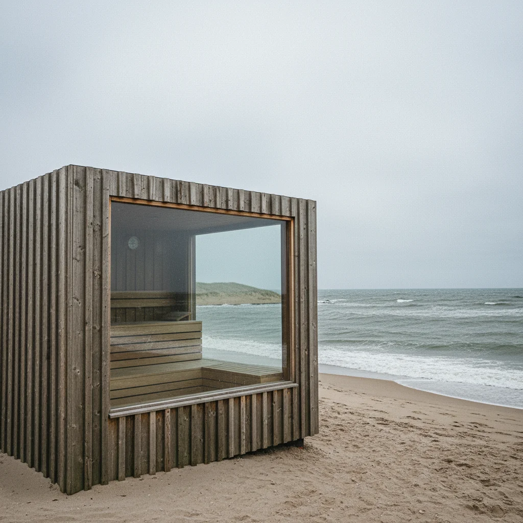 Holzsauna am dänischen Strand mit Panoramafenster und Meerblick