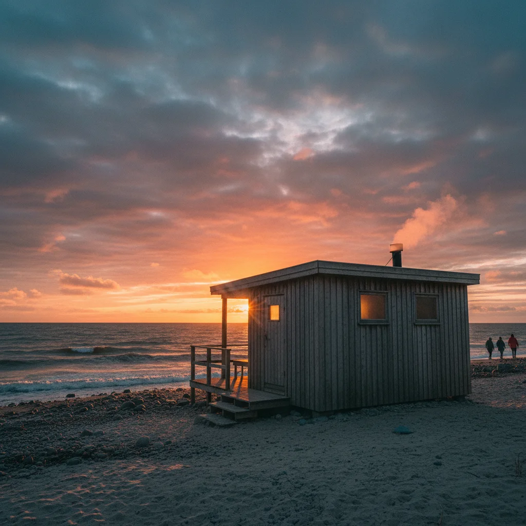 Strandsauna in Dänemark bei Sonnenuntergang mit Blick auf die Nordsee