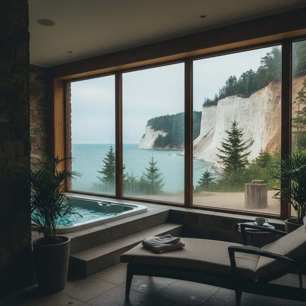 Spa-Bereich mit Blick auf die Kreidefelsen von Rügen