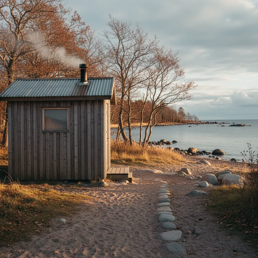Strandsauna an der Ostseeküste im Herbstlicht