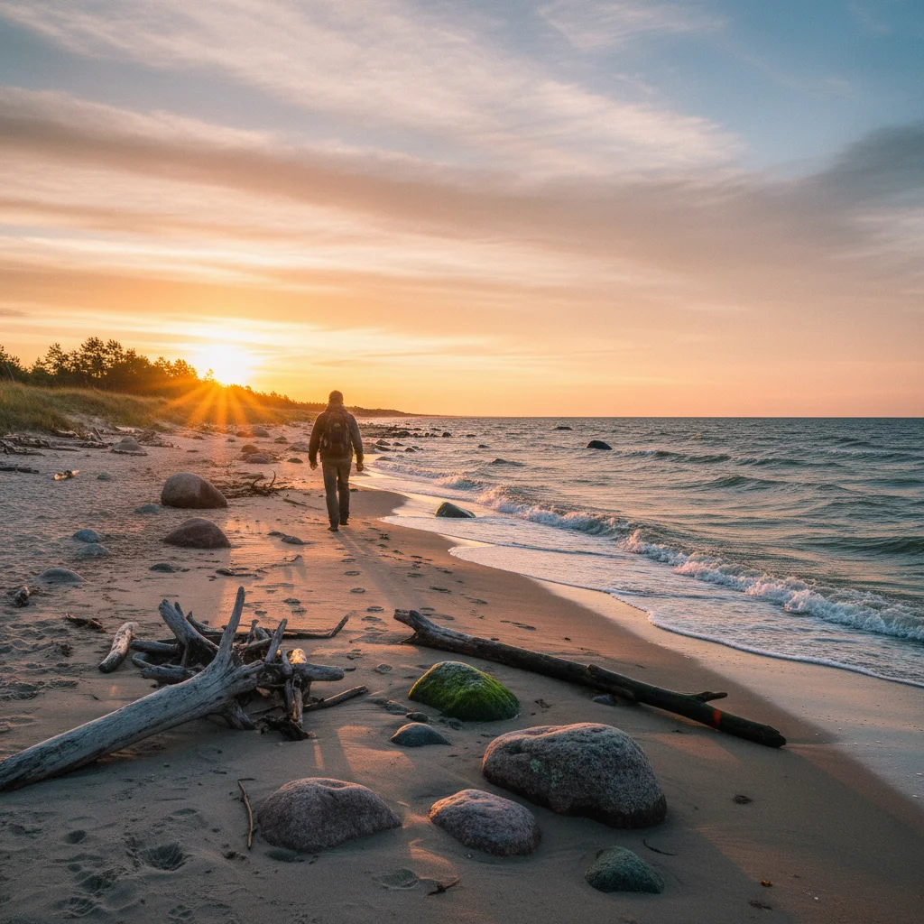 Strandspaziergang an der Ostseeküste bei Sonnenuntergang