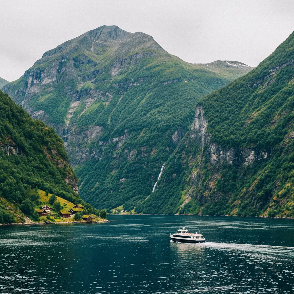 Der Geirangerfjord in Norwegen mit steilen grünen Felswänden und blauem Wasser