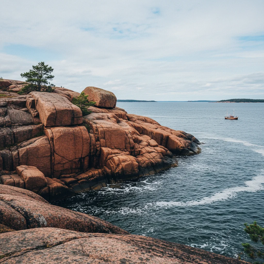 Rote Granitfelsen der schwedischen Hochküste über der Ostsee