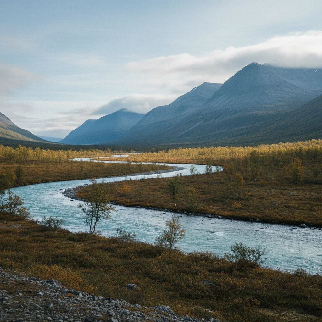 Weite Wildnis in Schwedisch-Lappland mit Bergen und Flüssen