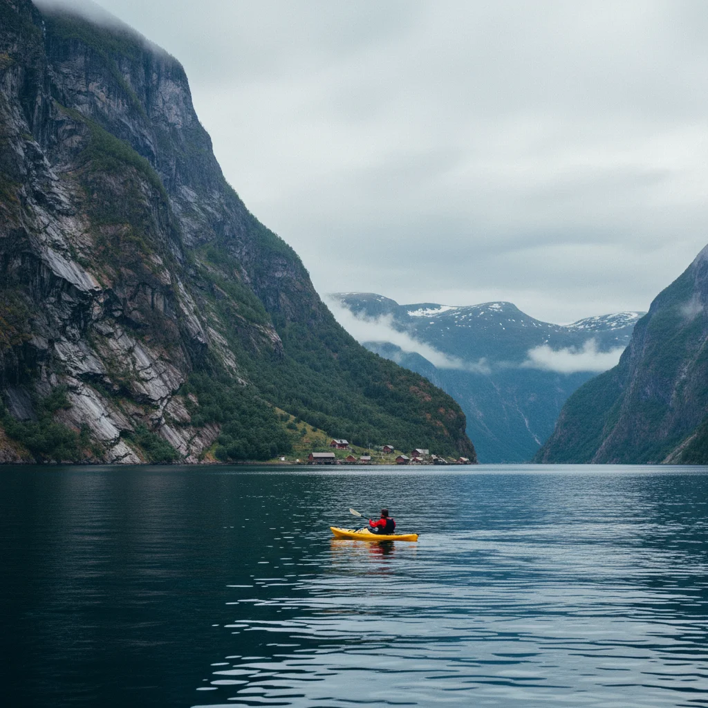 Kajaker auf dem schmalen Nærøyfjord in Norwegen zwischen hohen Felswänden