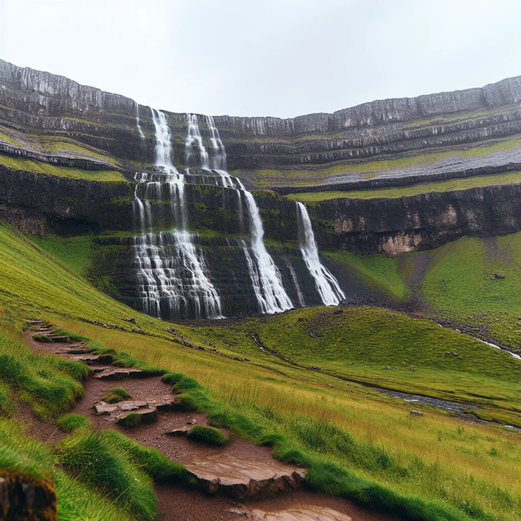 Dynjandi Wasserfall in den Westfjorden, kaskadenförmig über mehrere Stufen