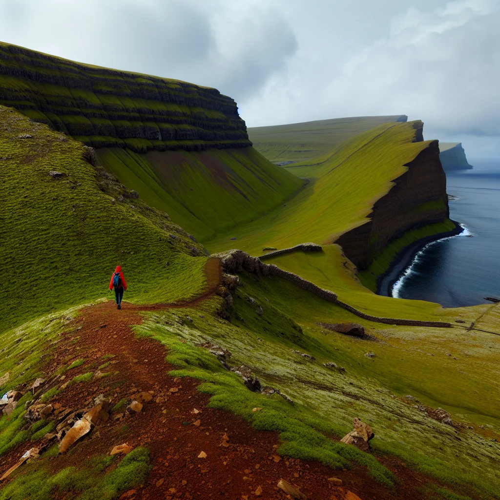 Wanderweg in Hornstrandir mit grünen Klippen und dem Meer im Hintergrund