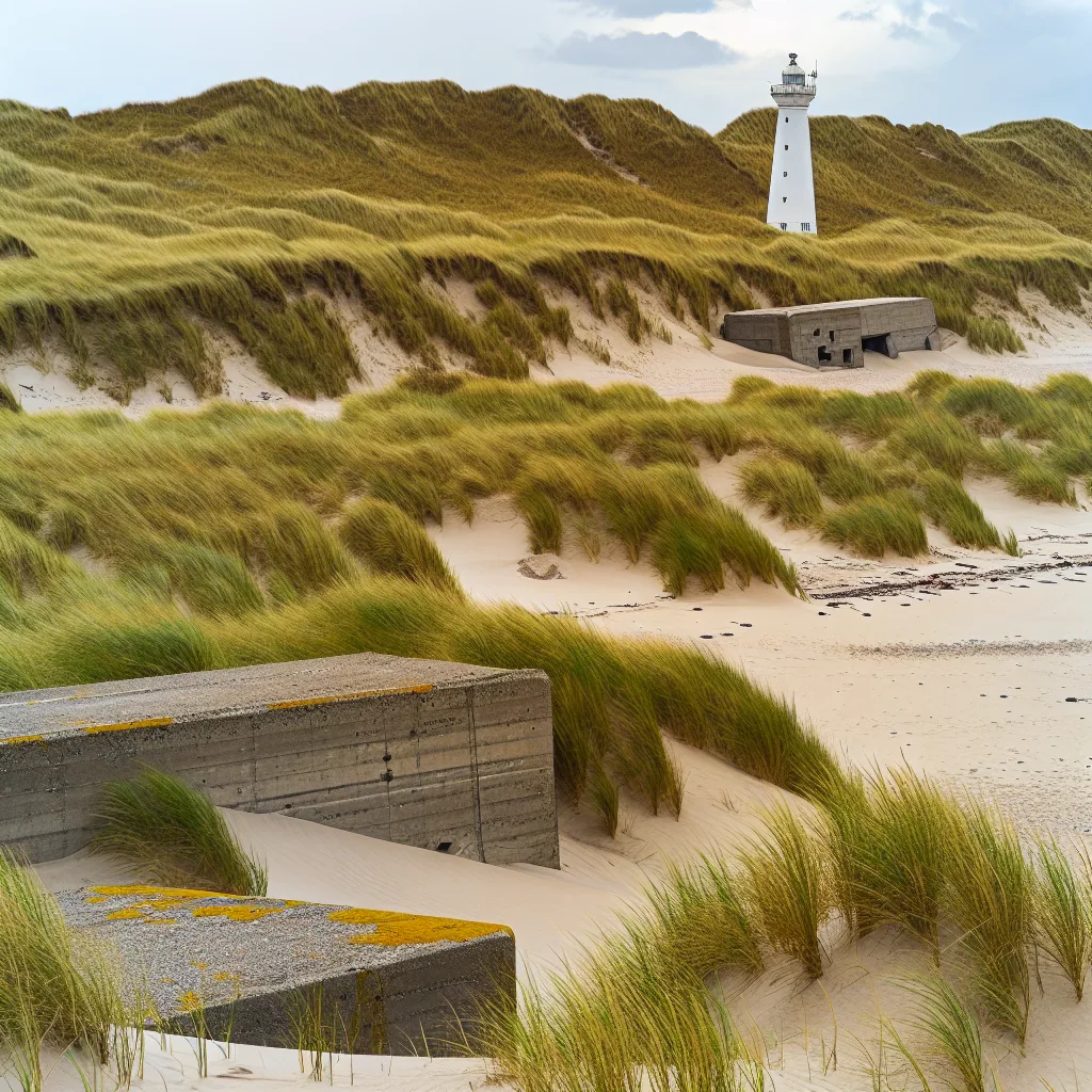 Leuchtturm von Blåvand mit Bunkern am Strand
