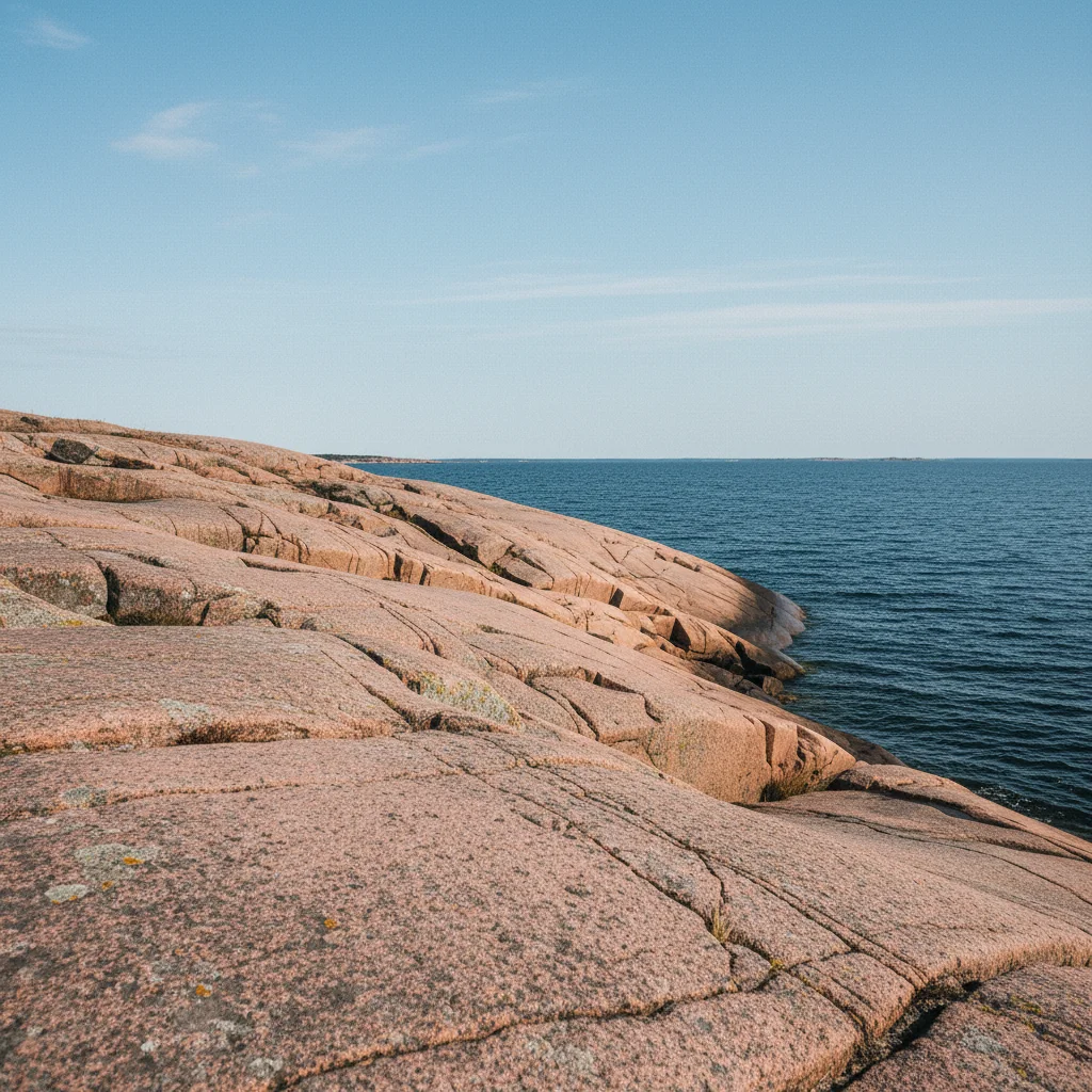 Rosa Granitfelsen an der Westküste Schwedens in Bohuslän mit blauem Meer und klarem Himmel