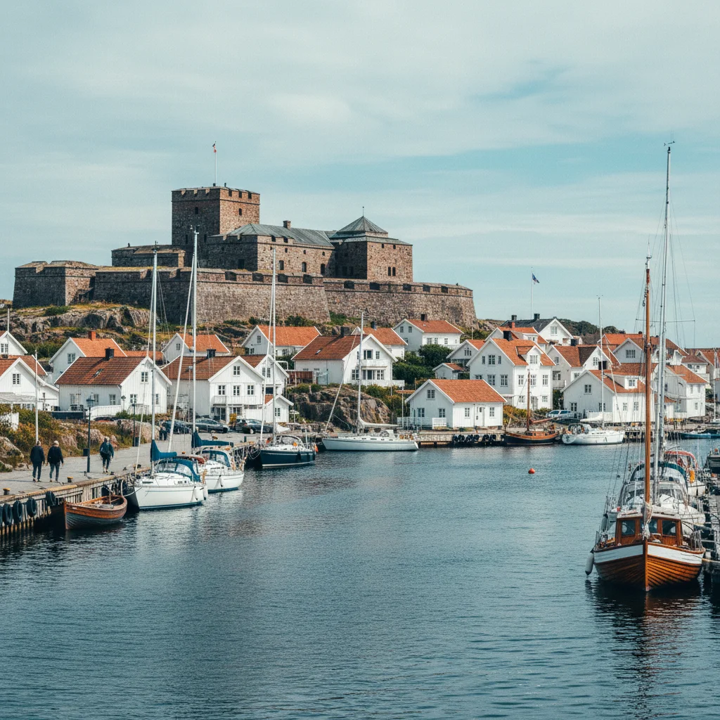Festung Carlsten auf Marstrand mit weißen Häusern und Segelbooten im Hafen