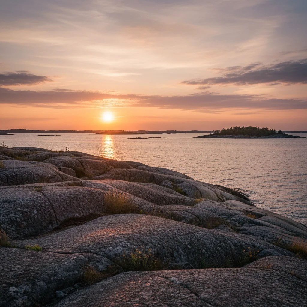 Sonnenuntergang über den Schären an der schwedischen Westküste mit warmem Licht auf glatten Granitfelsen