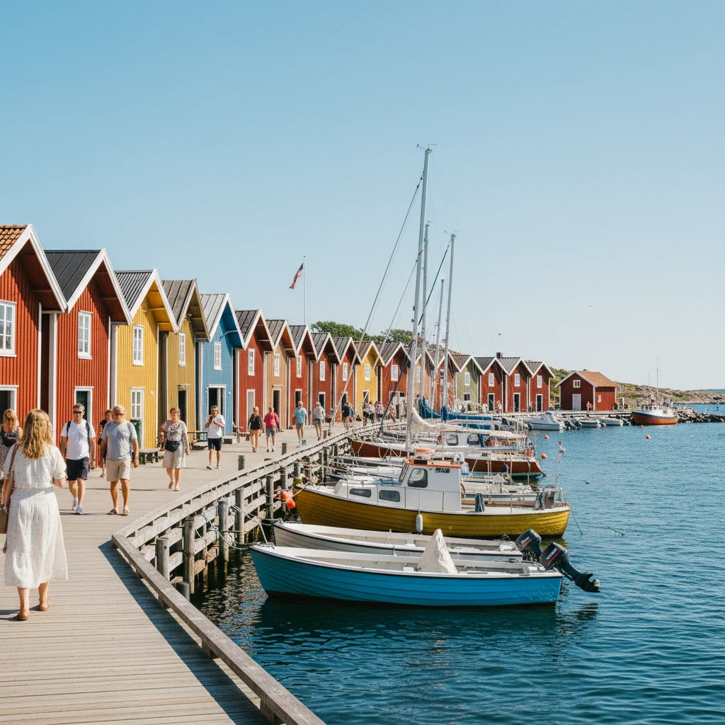 Der Smögenbryggan in Smögen mit bunten Fischerhütten, Booten und Sommergästen