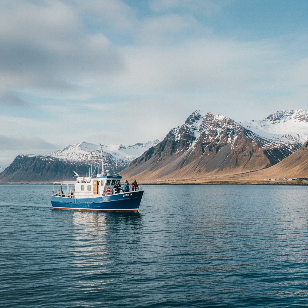 Walbeobachtungsboot in der Bucht von Húsavík mit Bergkulisse im Hintergrund