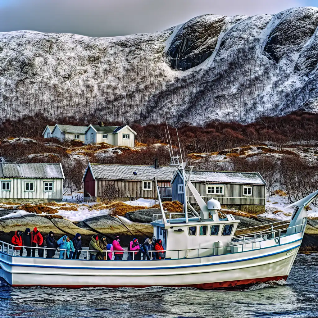 Whale Watching Boot auf dem Wasser mit Walen in der Ferne und norwegischer Berglandschaft