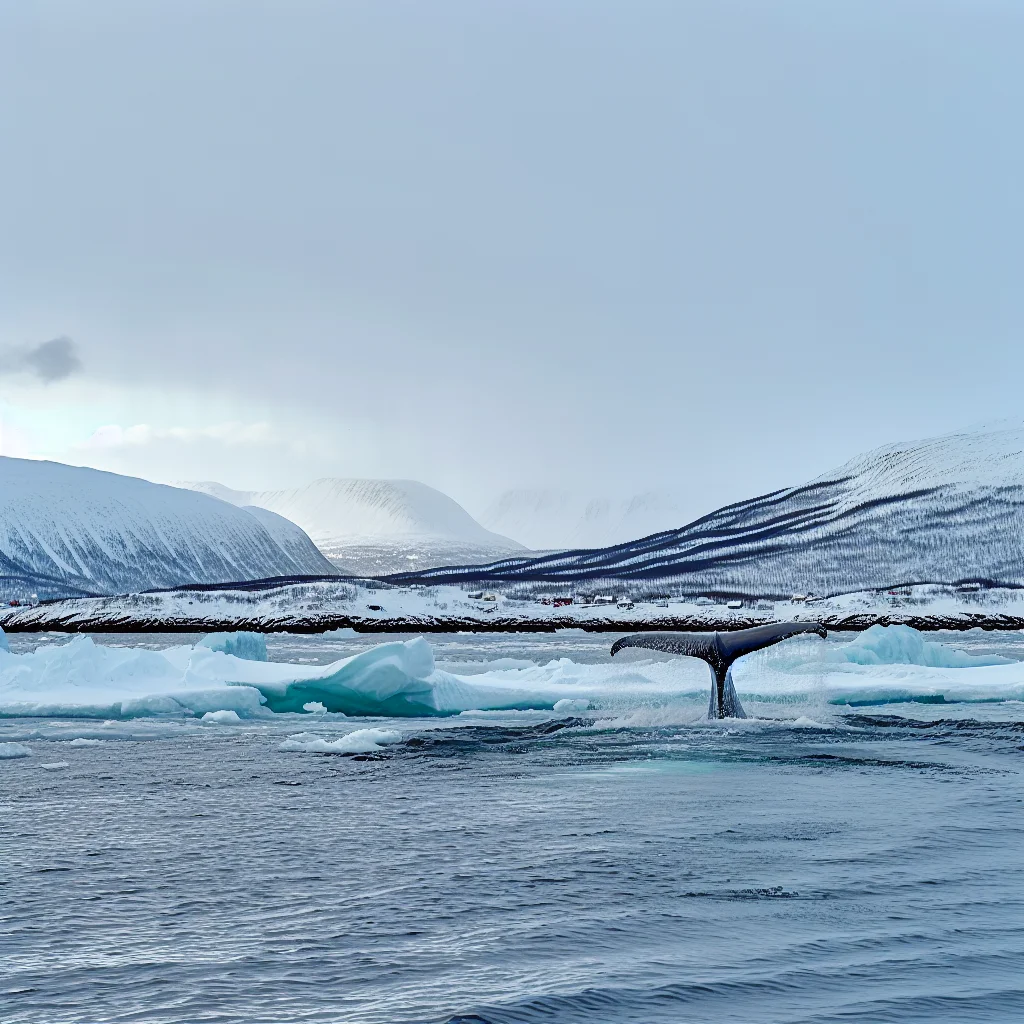Buckelwal springt aus dem Wasser vor der Küste bei Tromsö