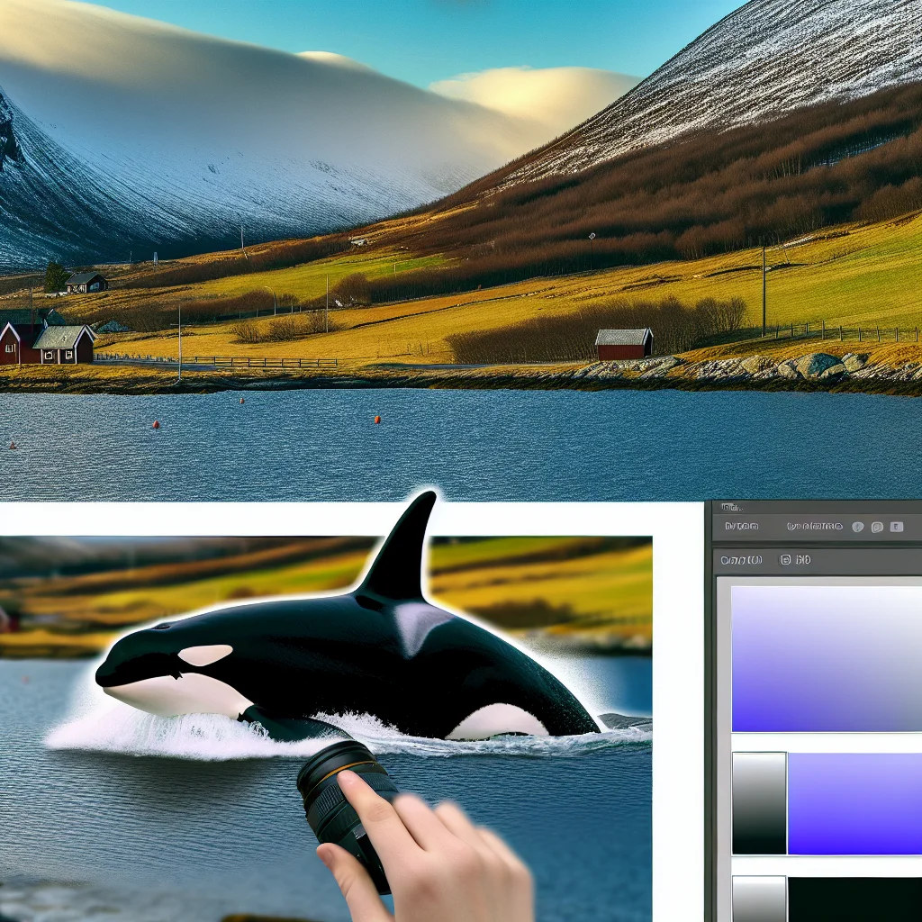 Orca-Schwertwal taucht in einem norwegischen Fjord auf, umgeben von schneebedeckten Bergen