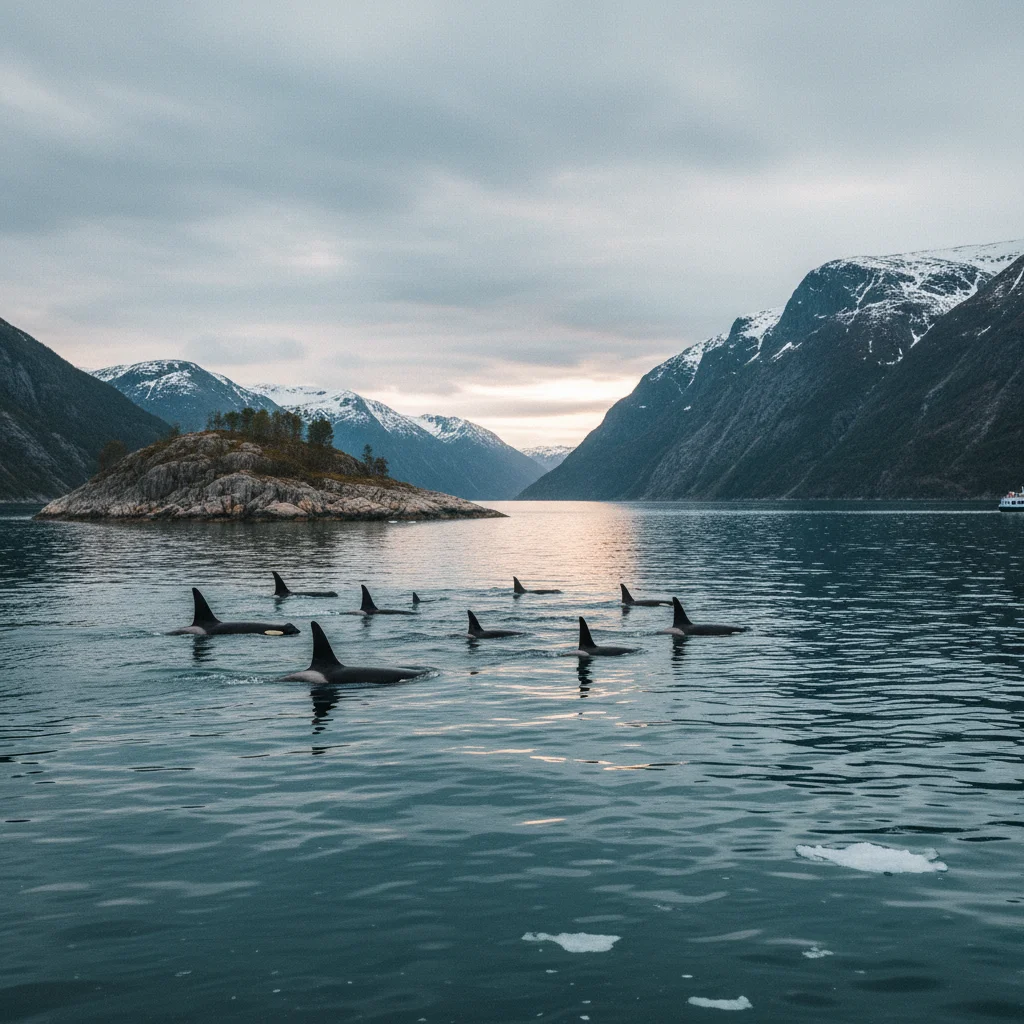 Orcas schwimmen in einer Gruppe durch einen norwegischen Fjord