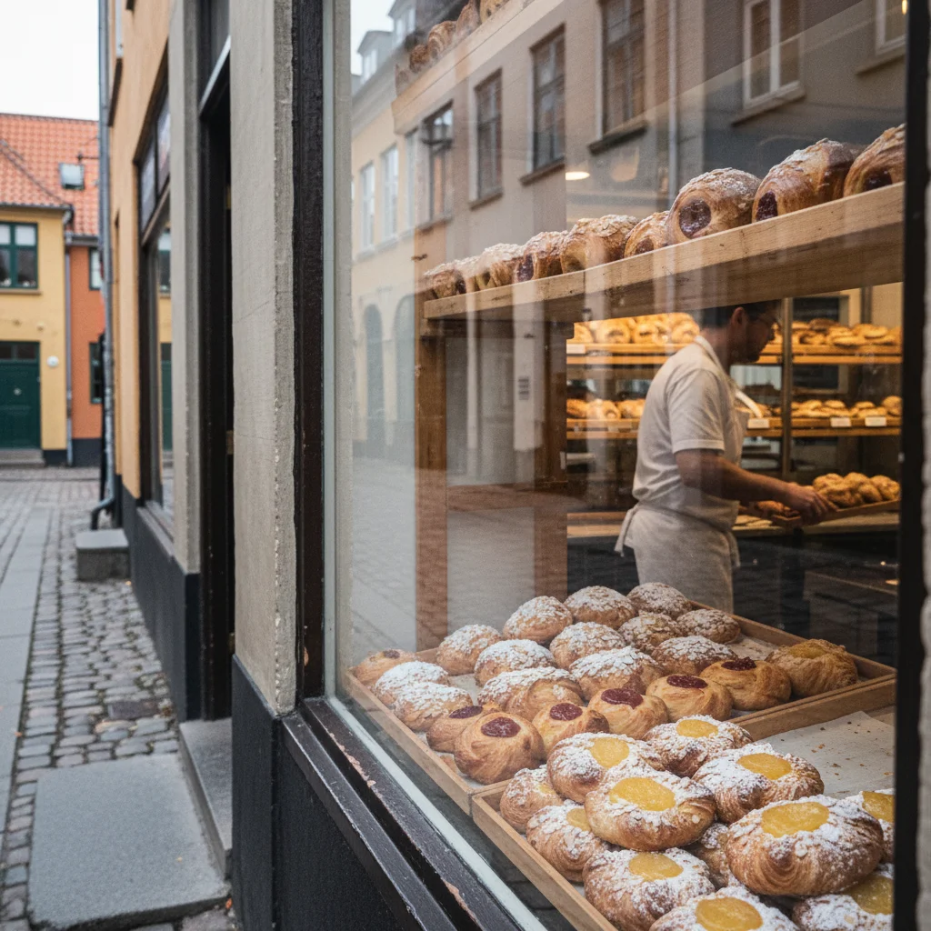 Traditionelle dänische Bäckerei mit frischem Wienerbrød in der Auslage