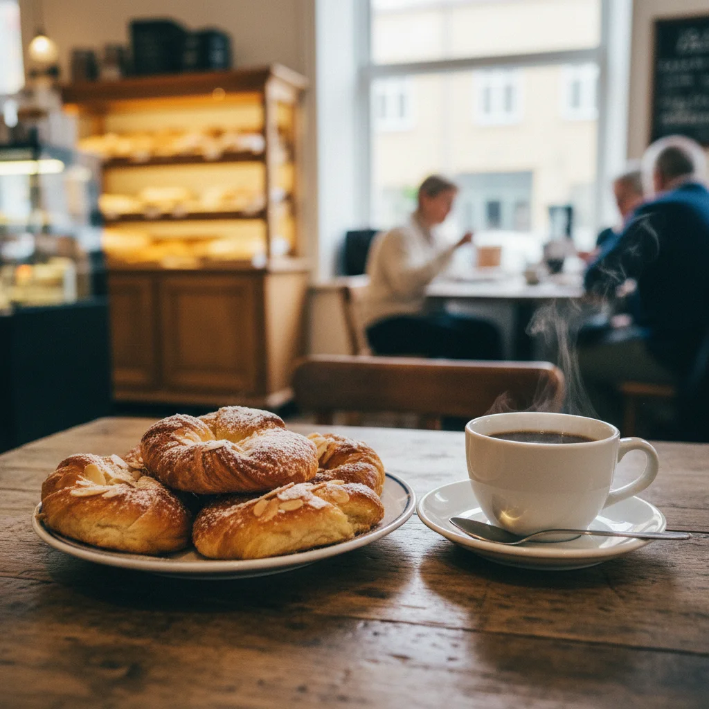 Wienerbrød und Kaffee auf einem Tisch in einer dänischen Konditorei