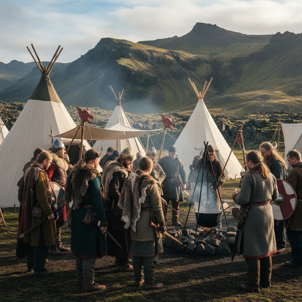 Wikinger-Festival in Island mit Kostümierten und historischen Zelten