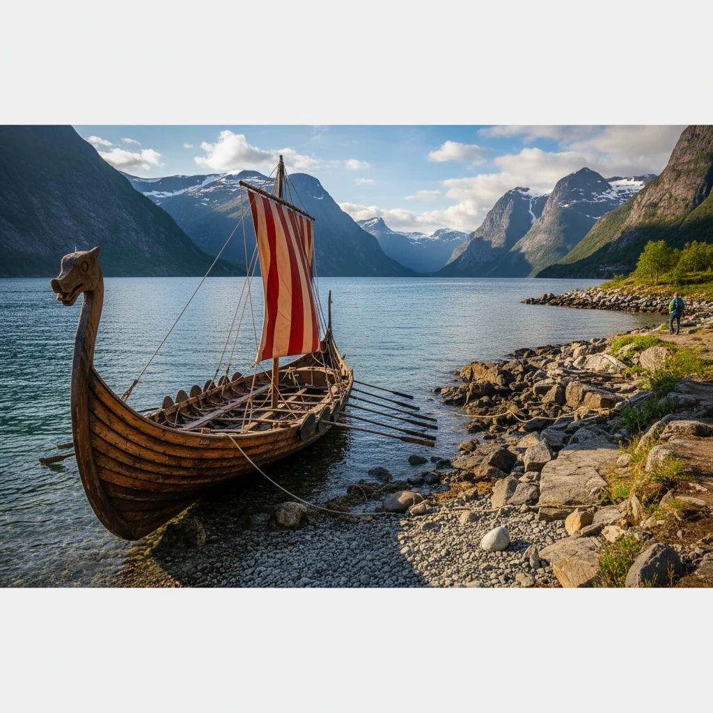 Nachbau eines Wikinger-Langschiffs an einem norwegischen Fjord