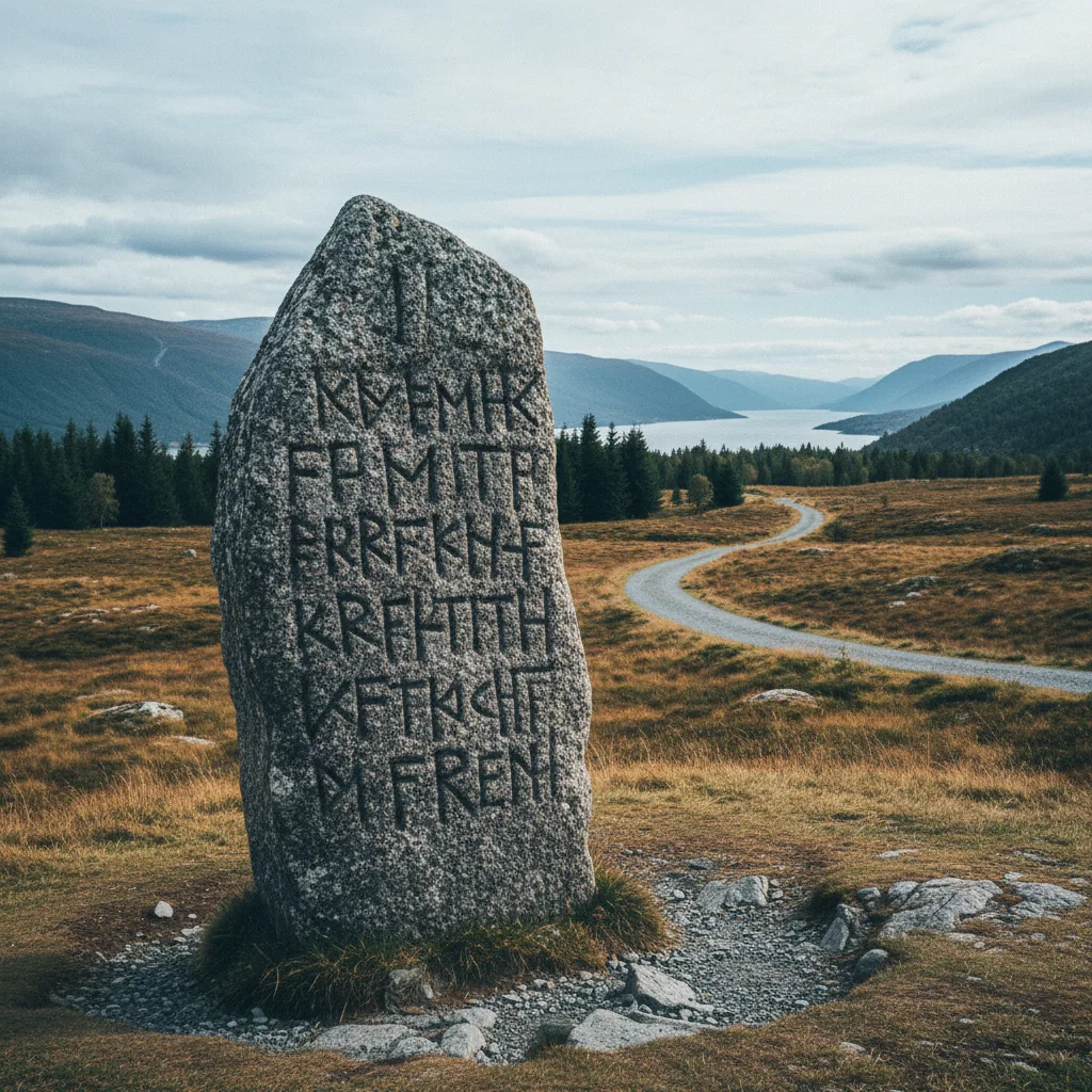 Wikinger-Runenstein mit eingeritzten Runen in norwegischer Landschaft