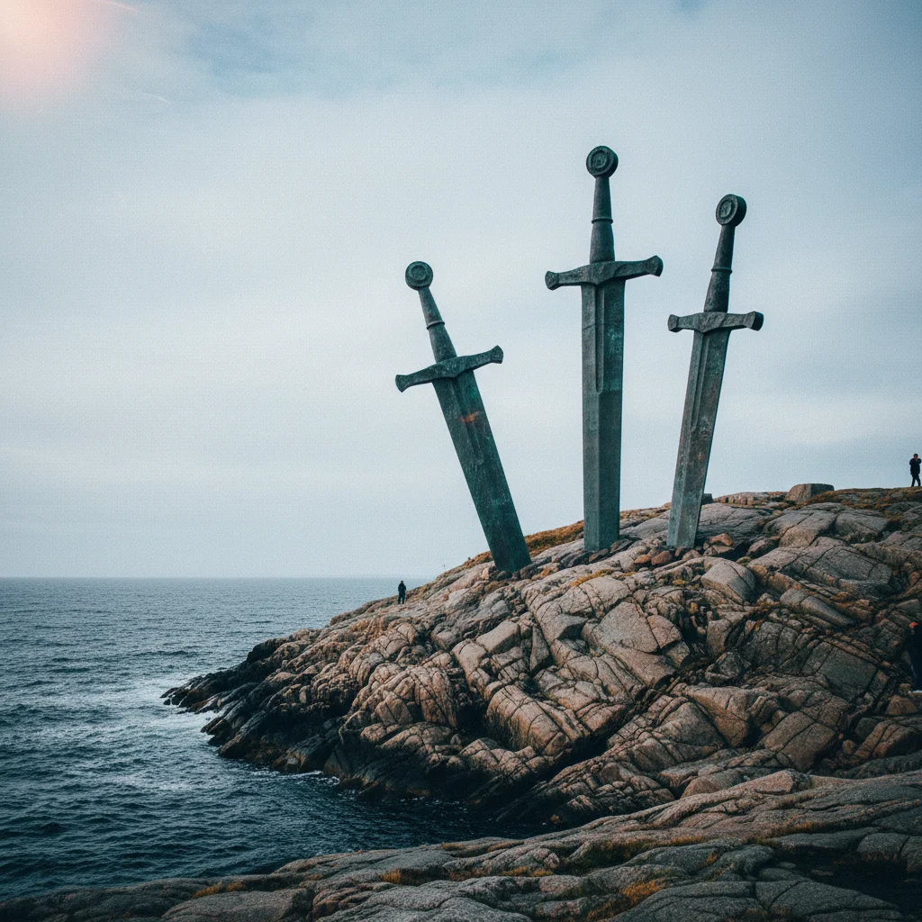 Sverd i fjell Denkmal bei Stavanger mit drei großen Bronzeschwertern im Felsen