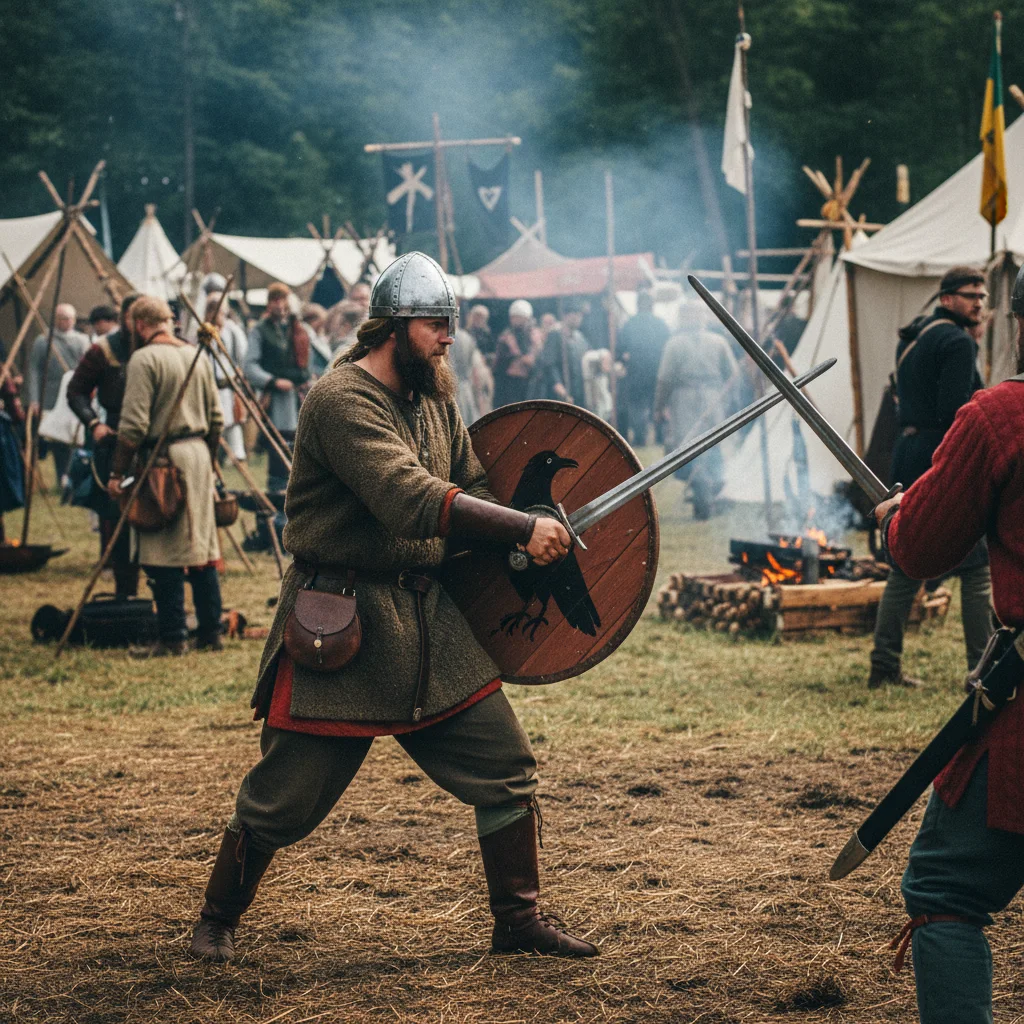 Wikinger-Reenactment mit Schwert und Schild bei einem Wikingerfest