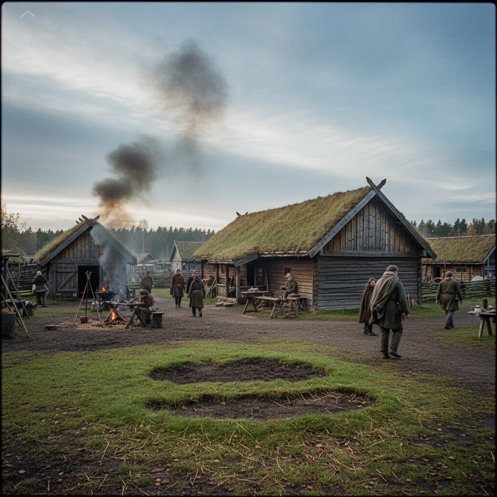 Nachgebautes Wikingerhaus mit Grasdach in einem schwedischen Freilichtmuseum