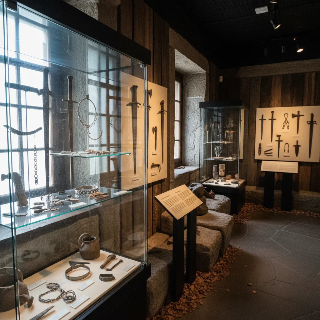 Wikingerzeitliche Artefakte in einer Museumsausstellung mit Schwert und Schmuck