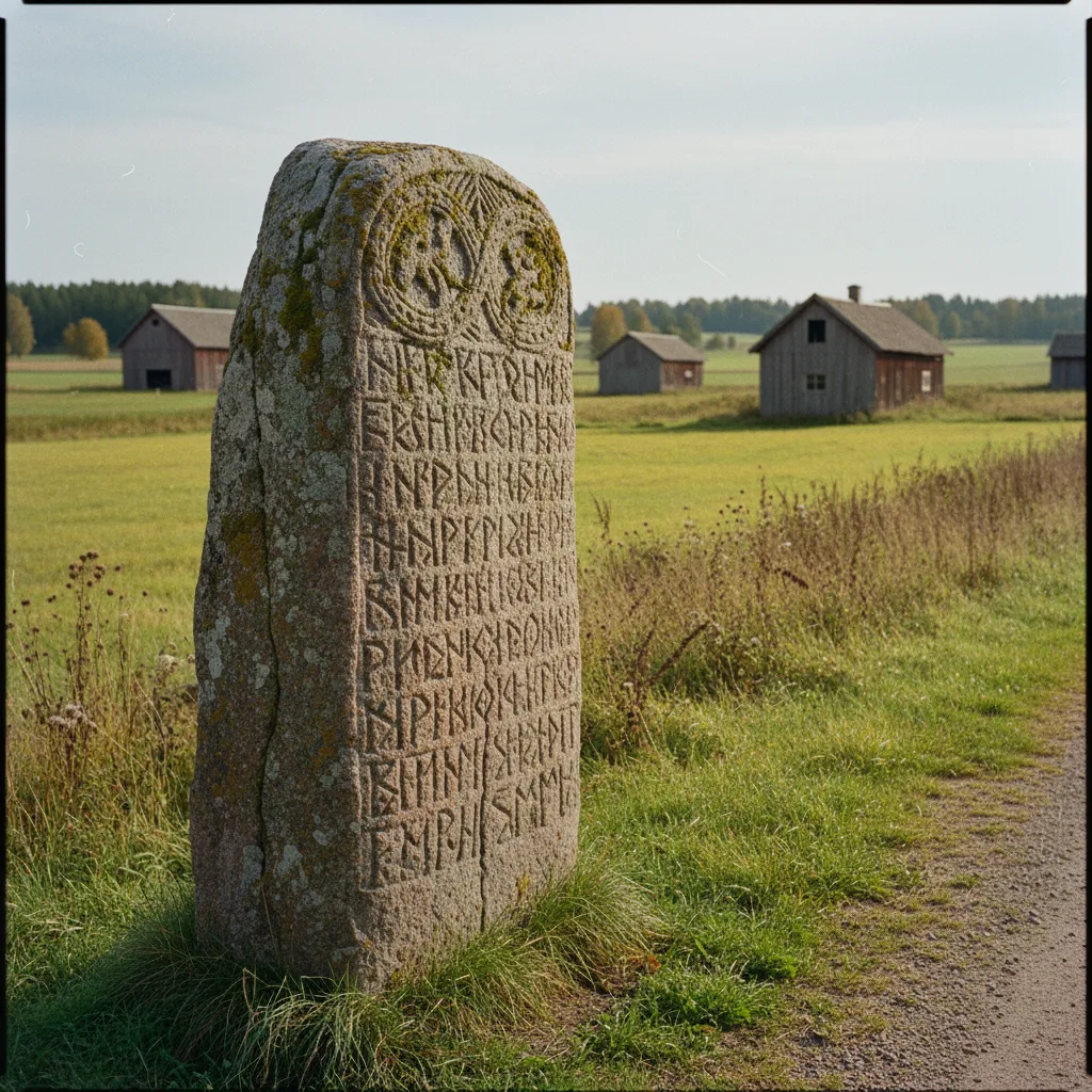 Wikingerzeitlicher Runenstein mit roten Runen und Schlangenbandornament in Uppland