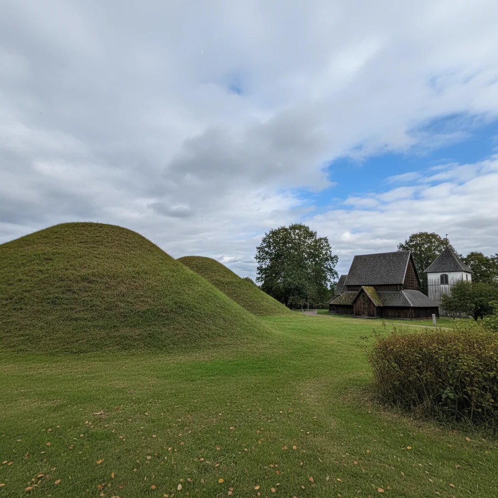 Grabhügel von Gamla Uppsala mit der romanischen Kirche im Hintergrund