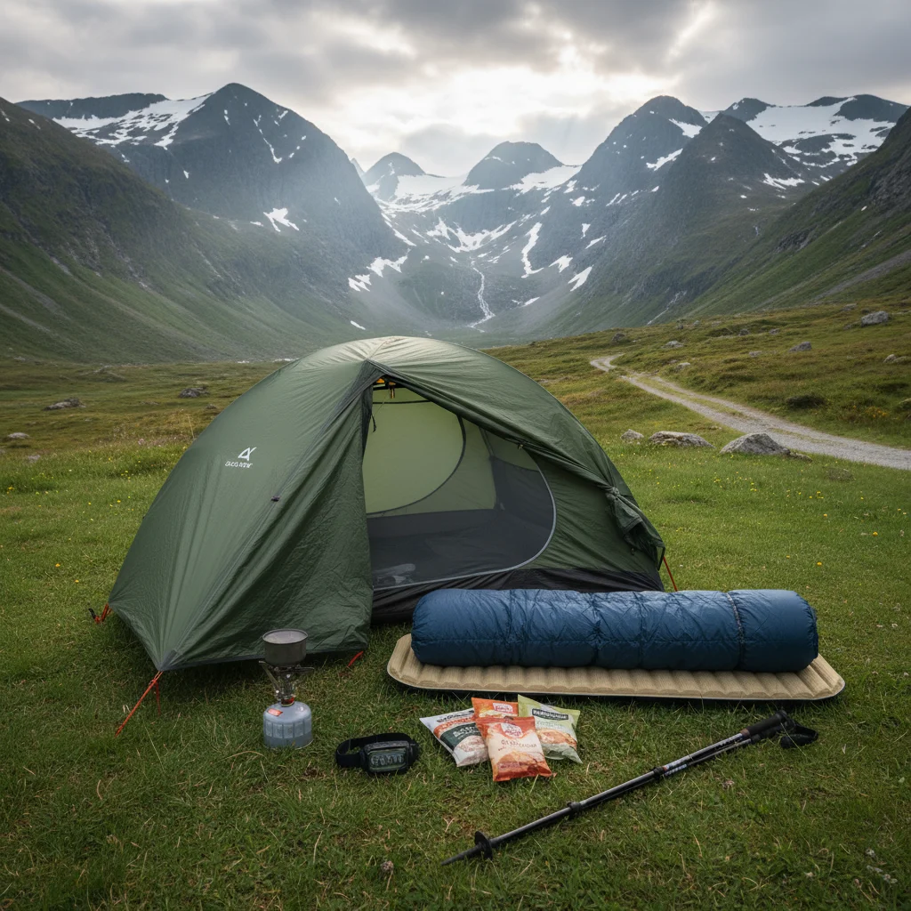 Camping-Ausrüstung für Norwegen ausgebreitet