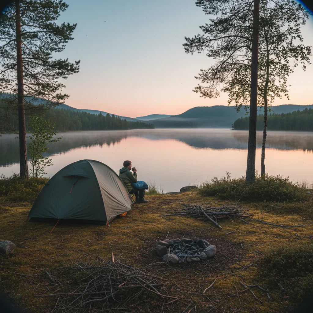 Morgenstimmung am See mit Zelt in Norwegen