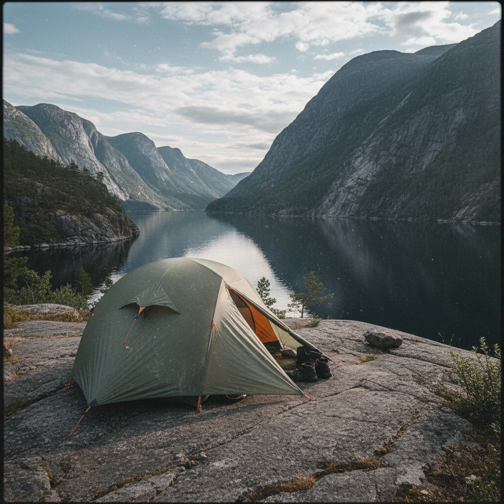 Zelt am norwegischen Fjord bei Sonnenuntergang