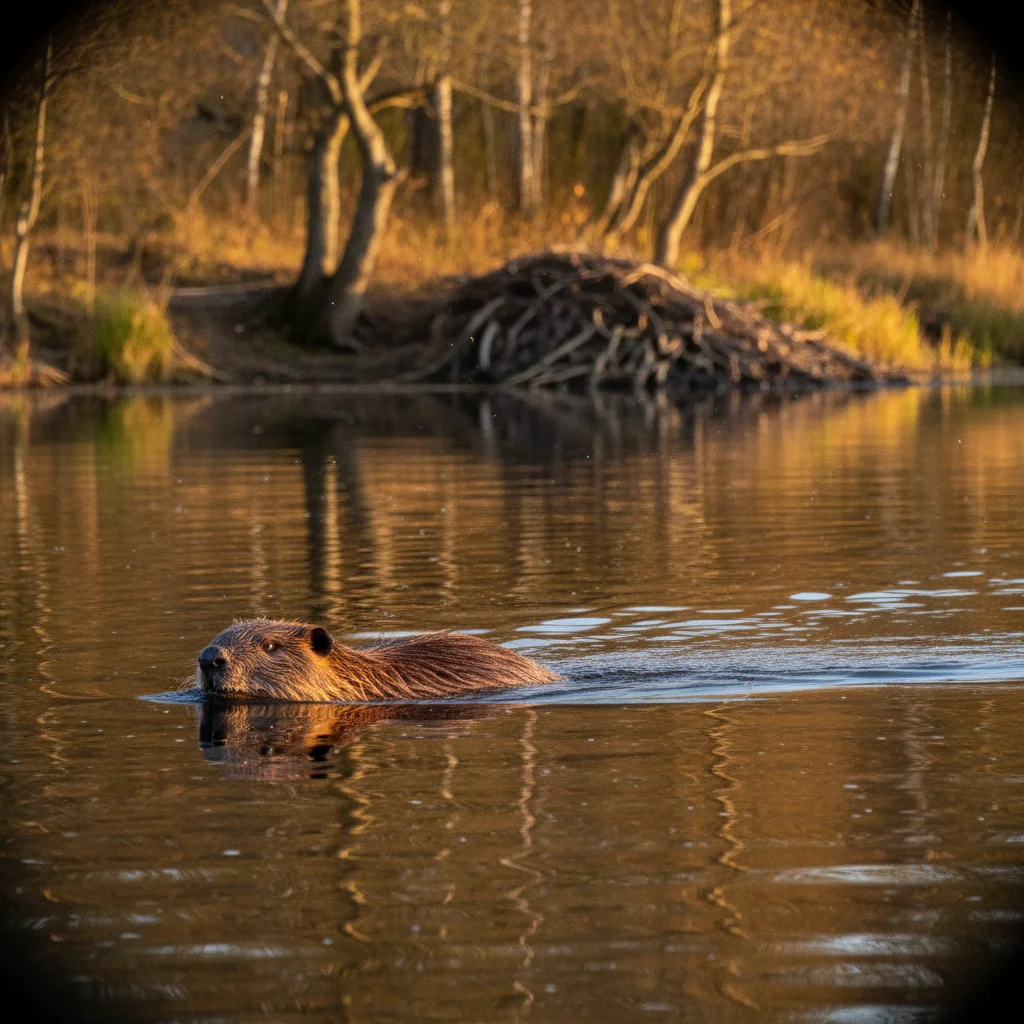 Biber schwimmt in der Abenddämmerung durch einen schwedischen See mit Spiegelung im Wasser