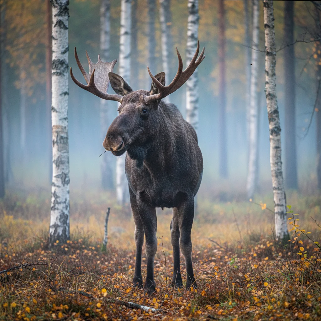Elchbulle im Morgennebel an einem schwedischen Waldsee mit Spiegelung im Wasser