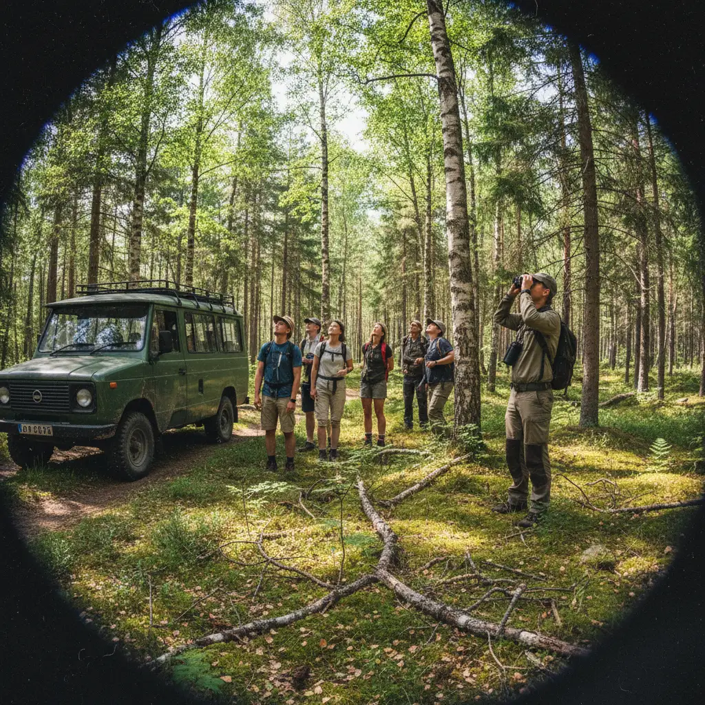 Wildlife-Guide mit Fernglas und Gästen bei einer geführten Elchsafari im schwedischen Wald
