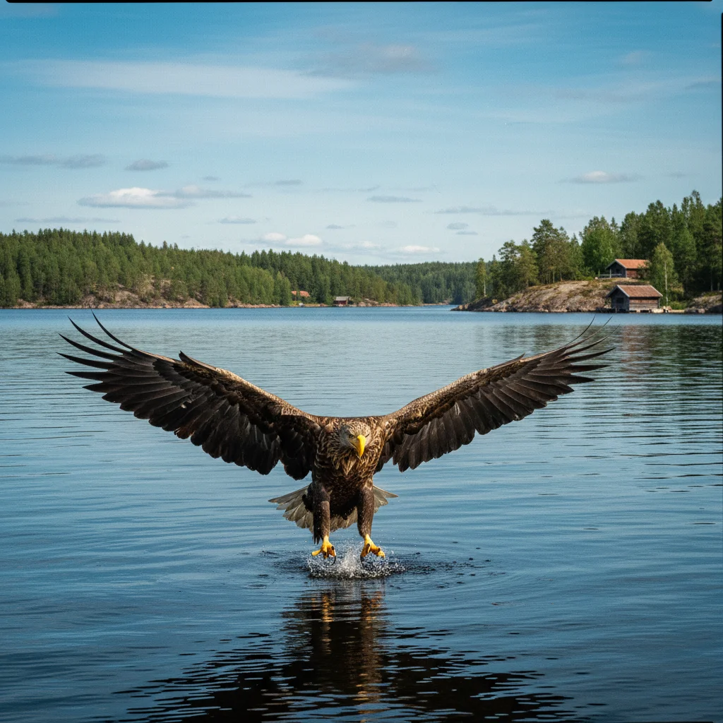 Seeadler im Flug über der schwedischen Schärenküste mit gespreizten Schwanzfedern