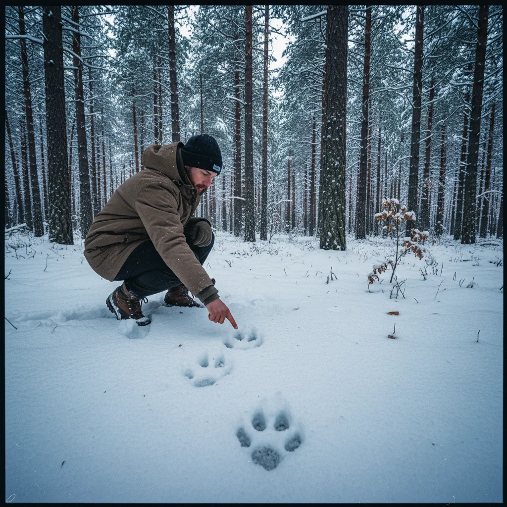 Wolfsspuren im Schnee in einem schwedischen Wald mit Kiefern im Hintergrund