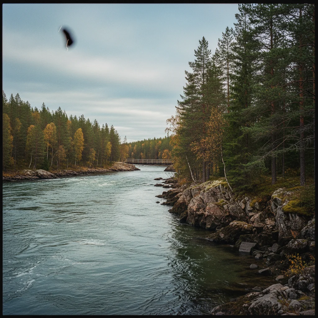 Wildfluss in der finnischen Wildnis mit Birkenwald am Ufer