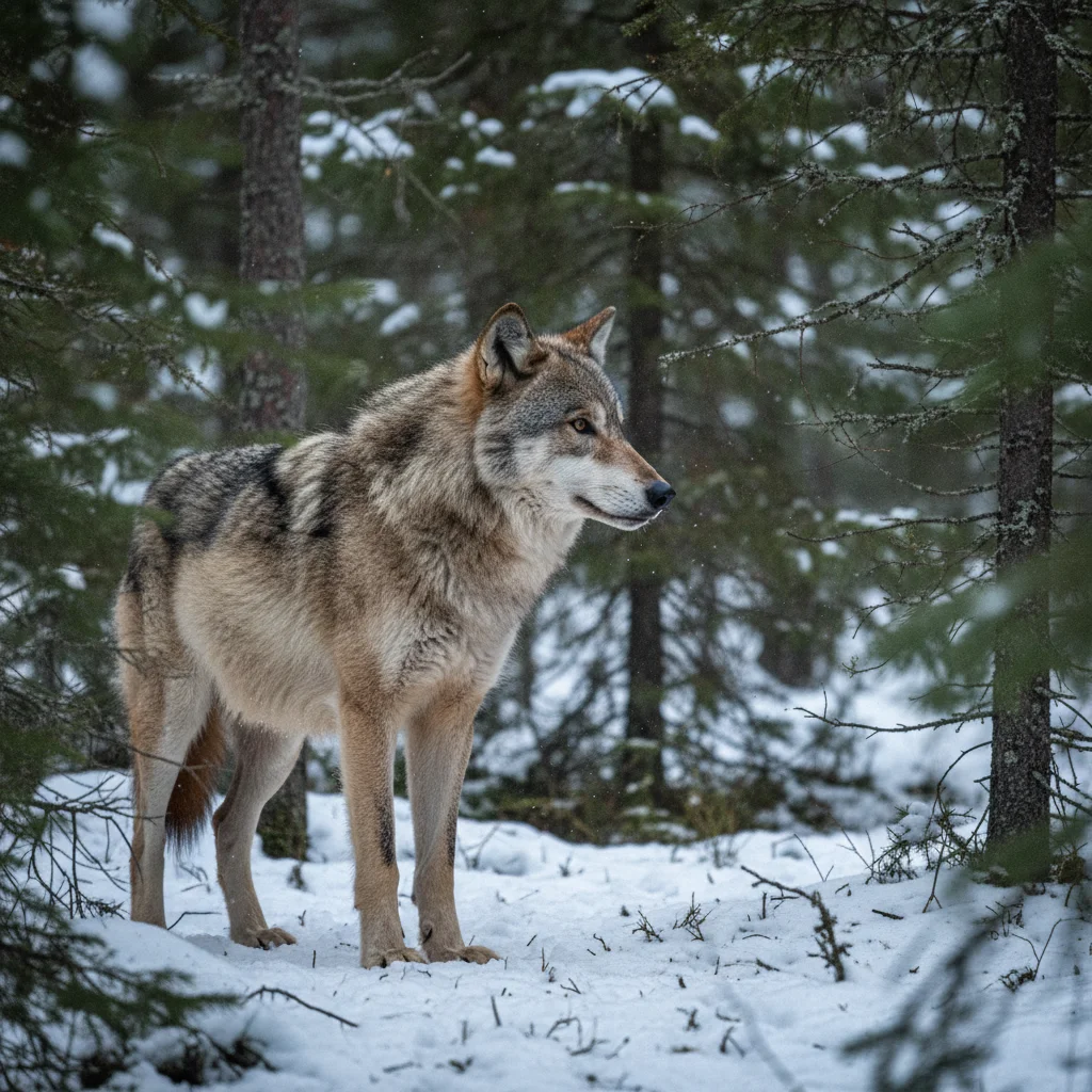 Wolf im winterlichen finnischen Wald