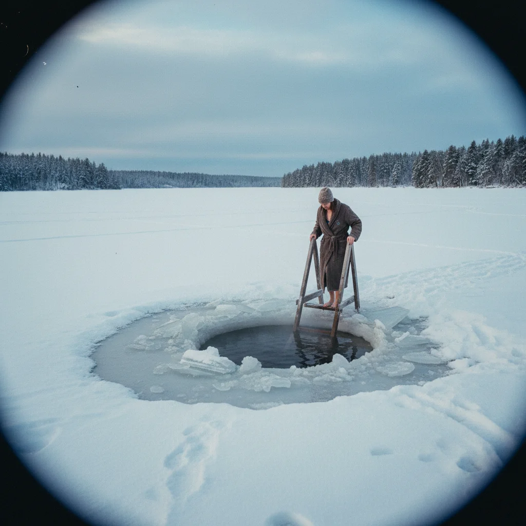 Eisbaden in einem zugefrorenen schwedischen See mit Holzleiter
