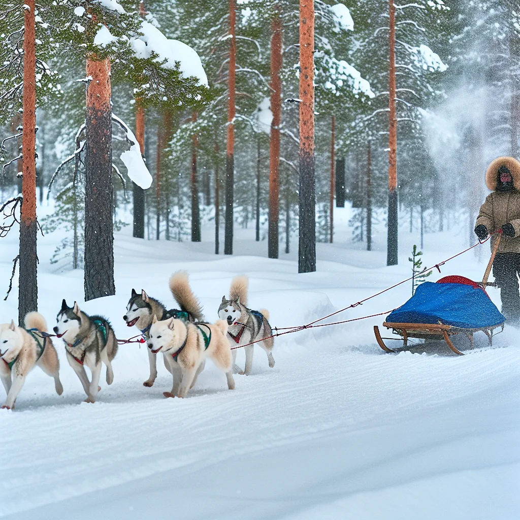 Husky-Safari durch verschneite Wälder in Finnland
