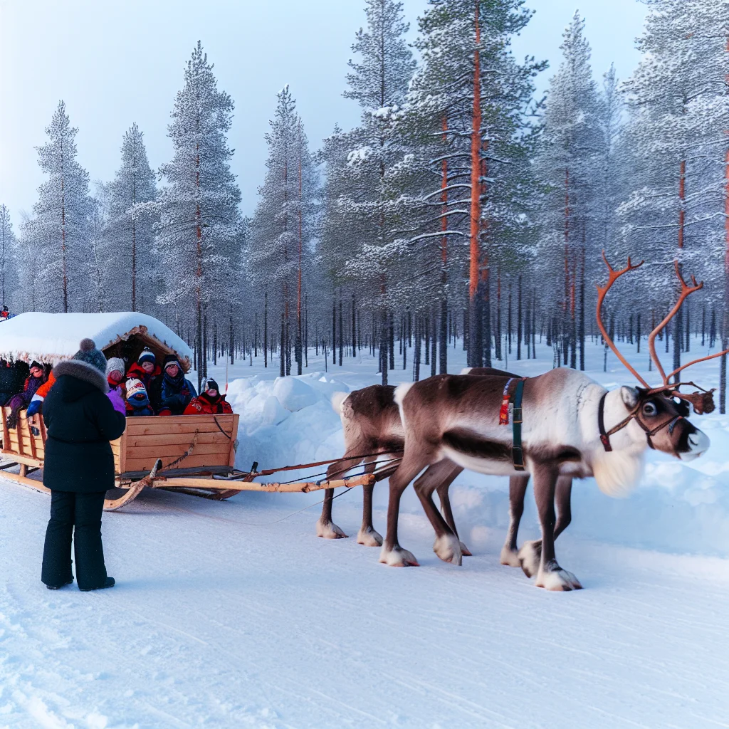 Rentierschlittenfahrt durch verschneite Landschaft in Finnland