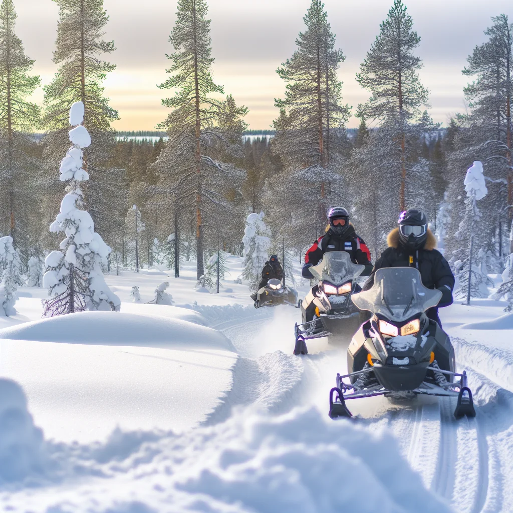 Schneemobiltour durch die verschneite Landschaft Lapplands