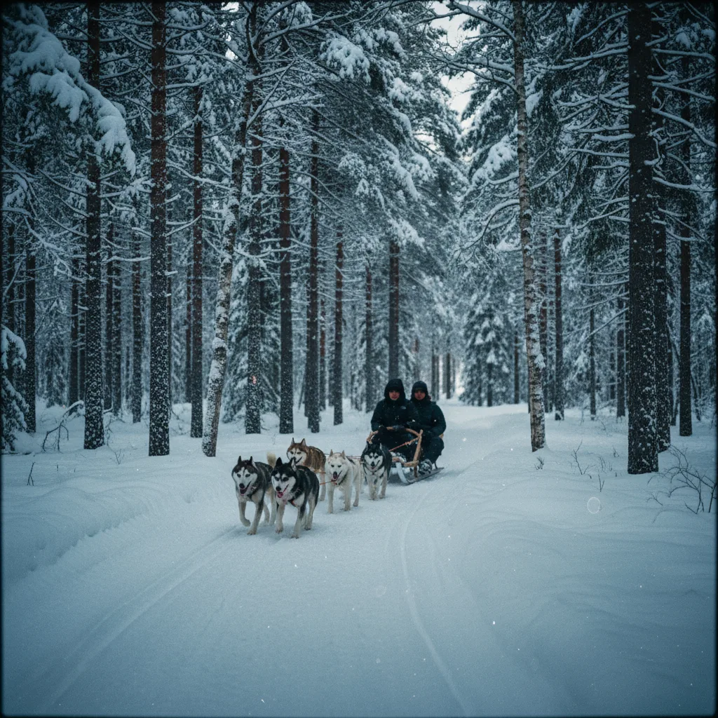 Hundeschlittenfahrt durch verschneiten Wald in Schwedisch-Lappland