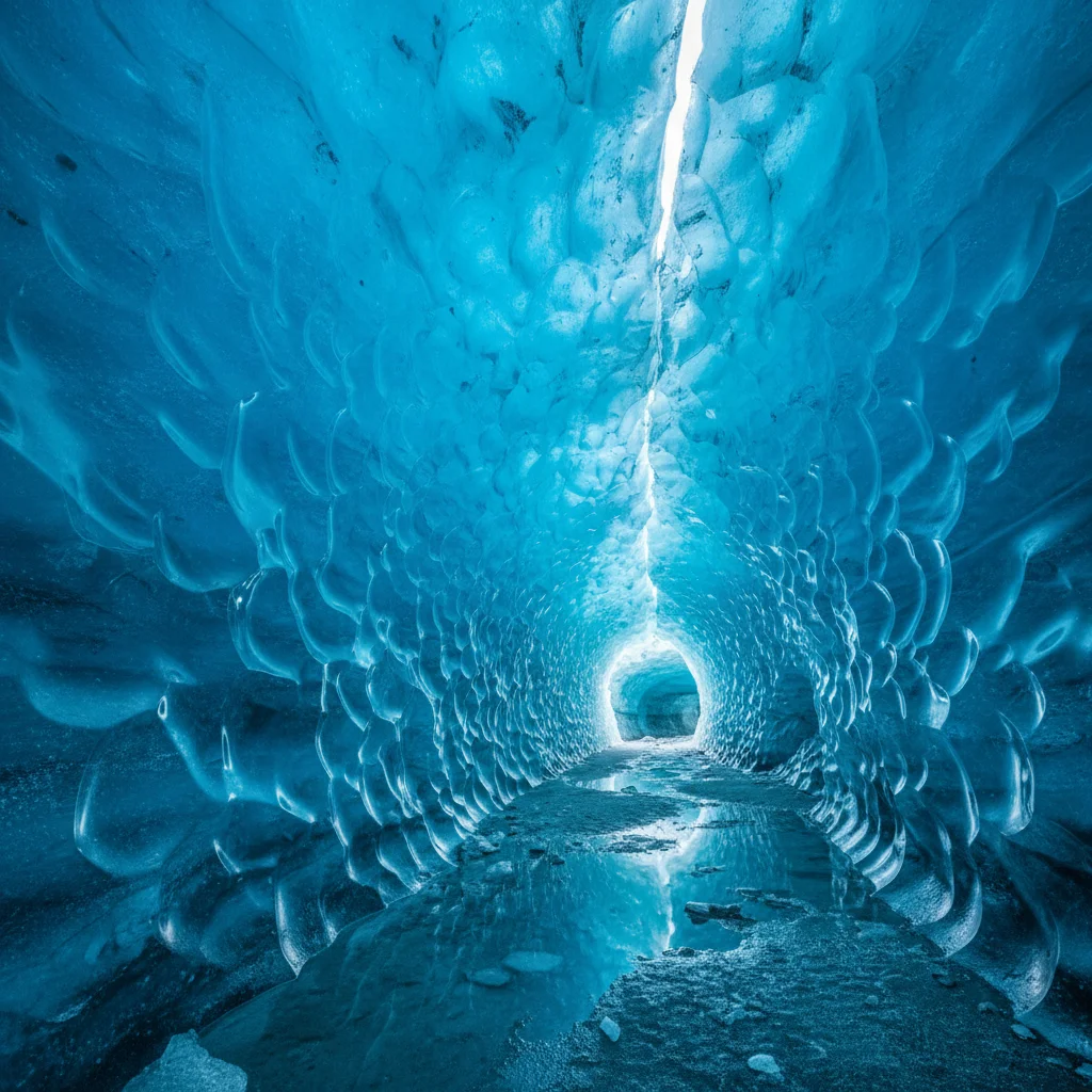 Das Innere einer leuchtend blauen Eishöhle im Vatnajökull-Gletscher